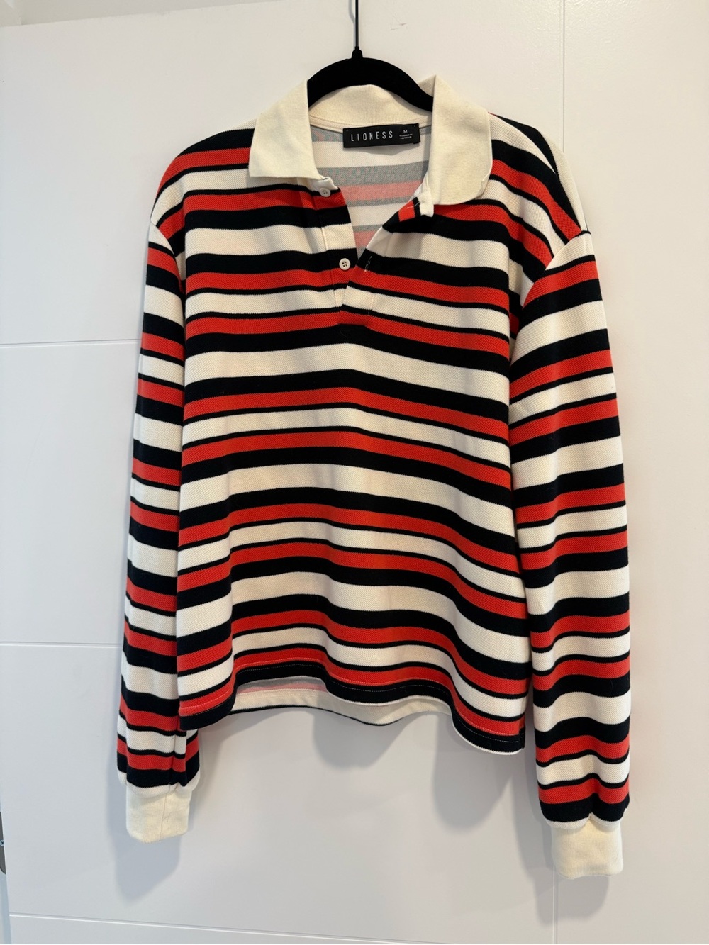 Lioness Red, Black & White Striped V-Neck Polo Sweater